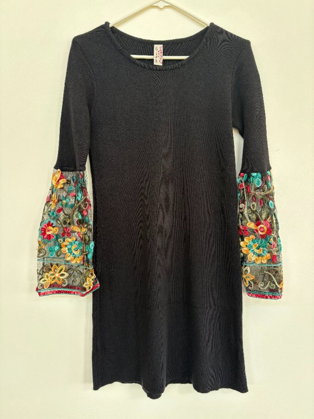 Black Acrylic Long Sleeve Dress with Lacy Floral Bell Sleeves, One Size Like New